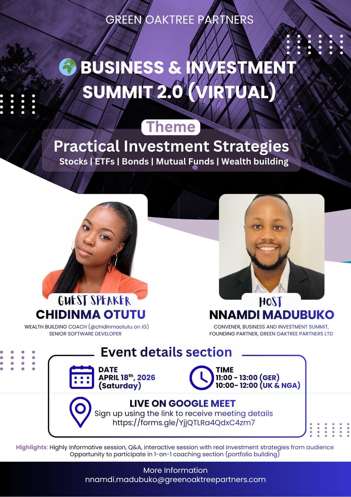 Business & Investment Summit 2.0 flyer — theme Practical Investment Strategies, guest speaker Chidinma Otutu, hosted by Nnamdi Madubuko, Saturday 18 April 2026 live on Google Meet.